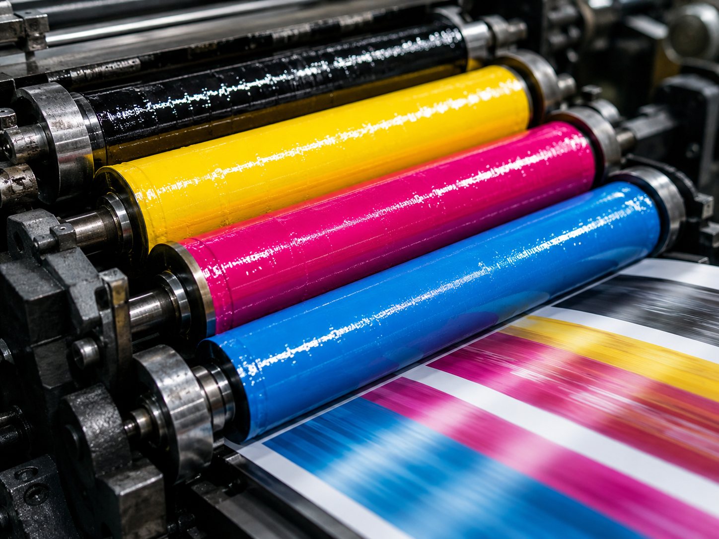 Close-up of vibrant CMYK offset printing press rollers