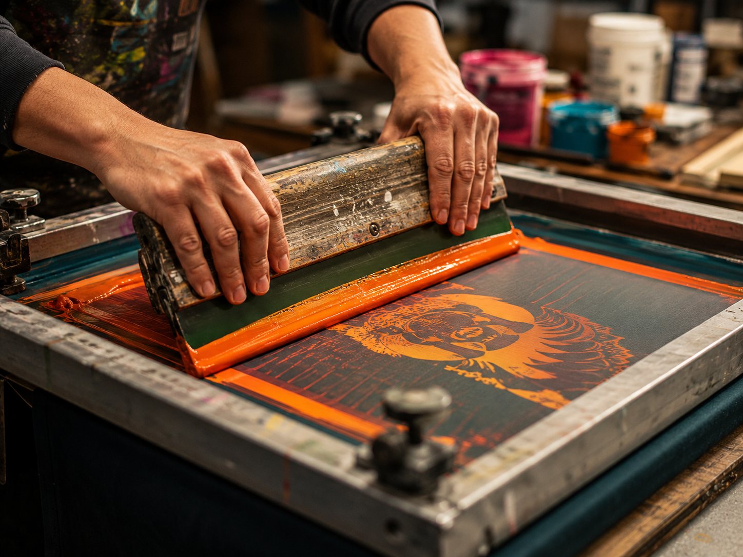 Screen printing squeegee pulling ink across a mesh screen