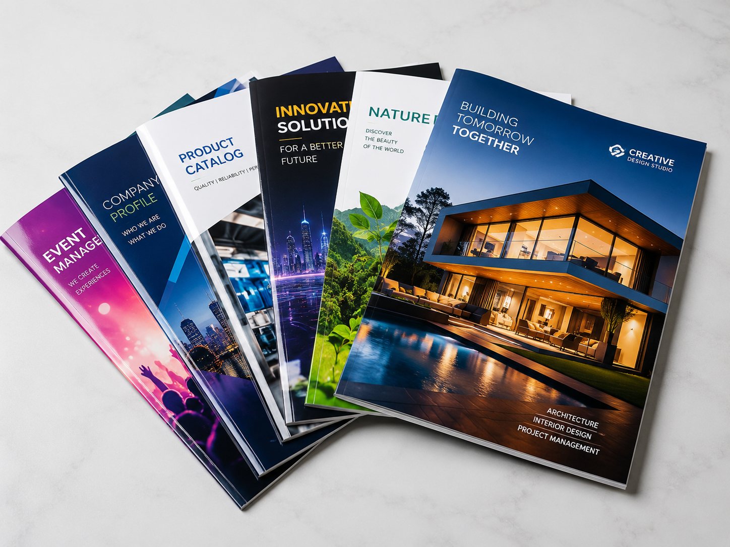Stack of freshly printed brochures and catalogues fanned out