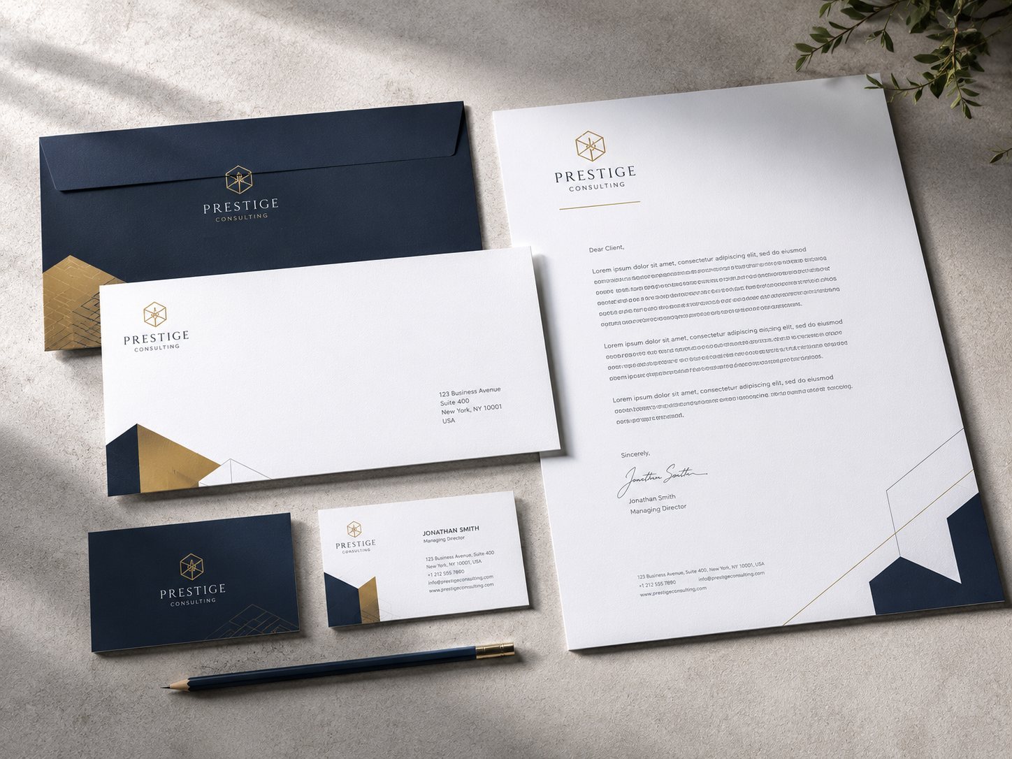 Corporate stationery and business card flat lay