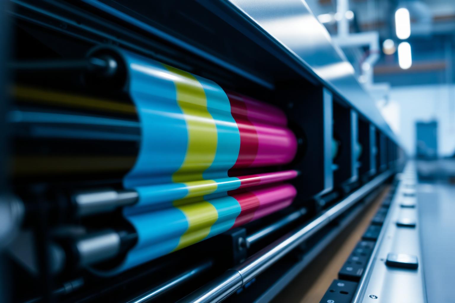 Modern offset printing press with vibrant CMYK rollers